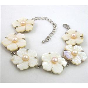 mother of pearl bracelet, adjustable, copper, platinum plated, approx 23mm dia, 7.8 inches length [GMBR002]