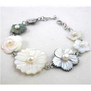 mother of pearl bracelet, adjustable, copper, platinum plated, approx 14-24mm, 7.8 inches length [GMBR003]