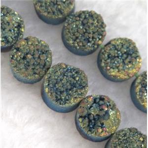 druzy quartz bead, flat round, green electroplated, approx 10mm dia, 20pcs per st [GMLB1239-10MM]