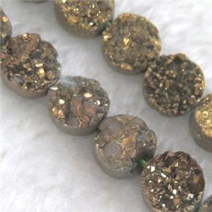 druzy quartz bead, flat round, gold electroplated, approx 12mm dia, 16pcs per st [GMLB1241-12MM]