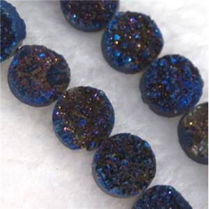 druzy quartz bead, flat round, blue electroplated, approx 12mm dia, 16pcs per st [GMLB1242-12MM]