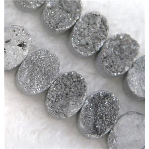 druzy quartz bead, oval, silver electroplated, approx 10x16mm, 20pcs per st [GMLB1248]