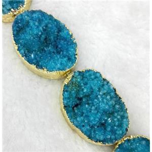 blue quartz druzy beads, oval, gold plated, approx 20x30mm, 6pcs per st [GMLB1340]
