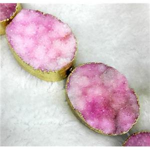 pink Druzy Quartz Beads, oval, gold plated, approx 20x30mm, 6pcs per st [GMLB1342]