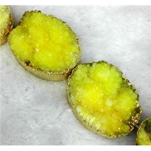 yellow druzy quartz bead, oval, gold plated, approx 20x30mm, 6pcs per st [GMLB1345]