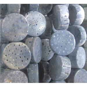 blue coral fossil stone bead, flat-round, approx 10mm dia [GMLB141-10MM]