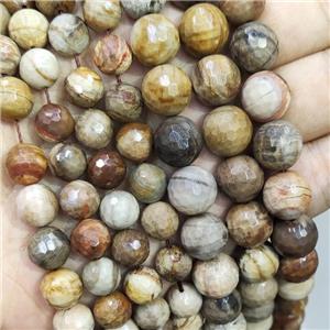 wooden Petrified Jasper Beads, faceted round, approx 12mm dia [GMLB1467-12MM]