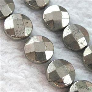 natural pyrite beads, faceted flat-round, approx 8mm dia [GMLB948-8MM]