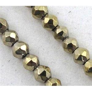 hematite beads, tiny, lt.gold plated, faceted round, approx 3mm dia, 15 inches [GMOT511]