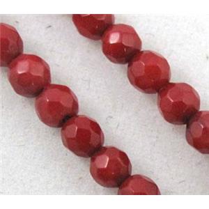 coral beads, deep-red, tiny, faceted round, approx 3mm dia, 15 inches [GMOT513]