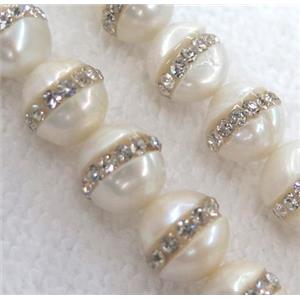 white pearl shell beads, paved rhinestone, approx 9-10mm dia [GMOT672]