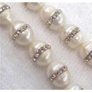 white freshwater pearl bead, paved rhinestone, rice-shaped, approx 10-12mm [GMOT673]