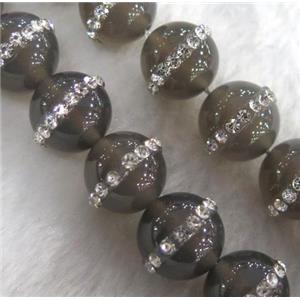 gray Agate bead, paved rhinestone, round, approx 8mm dia [GMOT683-8MM]