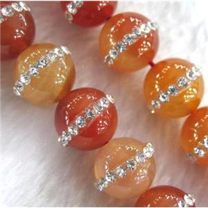red agate beads with rhinestone, round, approx 12mm dia, 15.5 inches [GMOT772-12MM]