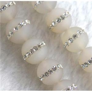 white agate beads with rhinestone, round, matte, approx 12mm dia, 15.5 inches [GMOT773-12MM]