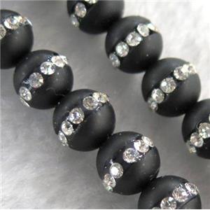 round black agate beads paved rhinestone, matte, approx 12mm dia, 15.5 inches [GMOT774-12MM]