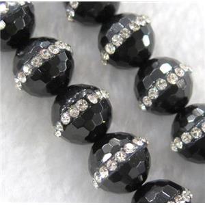 black agate beads with rhinestone, faceted round, approx 12mm dia, 15.5 inches [GMOT775-12MM]