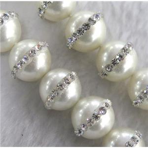 peral shell beads with rhinestone, round, white, approx 8mm dia, 15.5 inches [GMOT776-8MM]