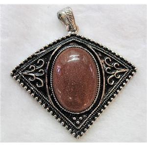 gemstone pendant, goldsand stone, bat-shaped, antique silver, approx 57x53mm, 22x30mm stone [GMPD241]