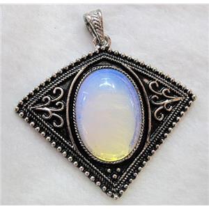 gemstone pendant, opalite, bat-shaped, antique silver, approx 57x53mm, 22x30mm stone [GMPD242]