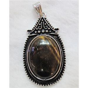 Tigers Eye Stone Oval Pendant Alloy Antique Silver, approx 30x55mm, 22x30mm stone [GMPD244]