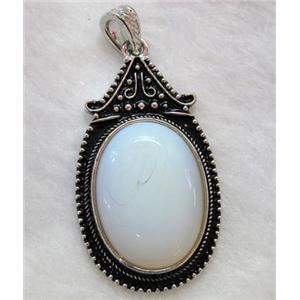 White Opalite Oval Pendant Alloy Antique Silver, approx 30x55mm, 22x30mm stone [GMPD246]
