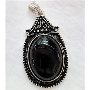 Black Onyx Agate Oval Pendant Alloy Antique Silver, approx 30x55mm, 22x30mm stone [GMPD247]