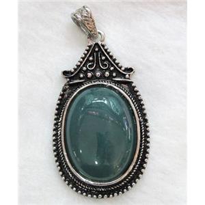 Green Aventurine Oval Pendant Alloy Antique Silver, approx 30x55mm, 22x30mm stone [GMPD248]