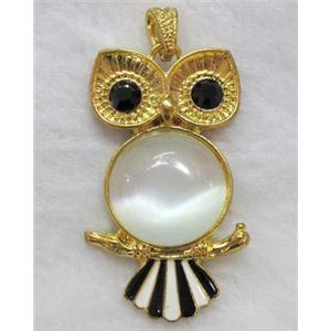 gemstone pendant, owl charm, cat eye cabochon, approx 29x49mm, 20mm stone [GMPD256]