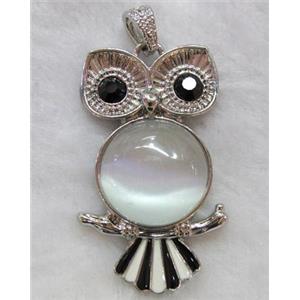 gemstone pendant, owl charm, cat eye cabochon, approx 29x49mm, 20mm stone [GMPD259]