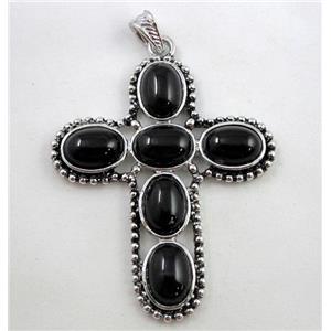 gemstone pendant, cross, black onyx, antique silver, approx 55x71mm, 10x14mm stone [GMPD273]