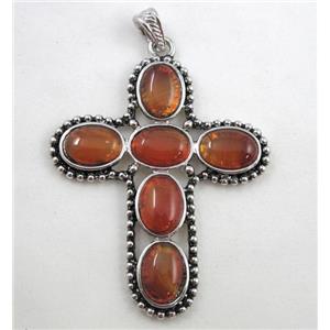 gemstone pendant, cross, red aventurine, antique silver, approx 55x71mm, 10x14mm stone [GMPD274]