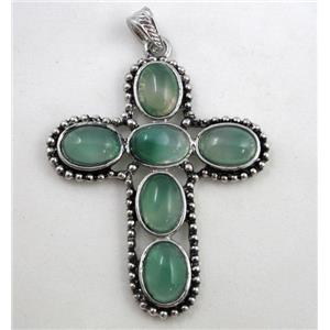 gemstone pendant, cross, green aventurine, antique silver, approx 55x71mm, 10x14mm stone [GMPD275]