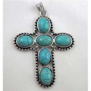 turquoise pendant, cross, antique silver, approx 55x71mm, 10x14mm stone [GMPD276]