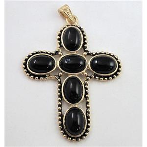 gemstone pendant, cross, black onyx, antique gold, approx 55x71mm, 10x14mm stone [GMPD277]