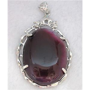 agate stone pendant, oval, purple, platinum plated, copper setting, approx 37x56mm [GMPD324]