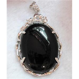 black onyx pendant, oval, platinum plated, approx 37x56mm [GMPD329]