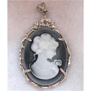 Victorian Lady Portrait Cameo resin pendant, platinum plated, approx 37x56mm [GMPD349]