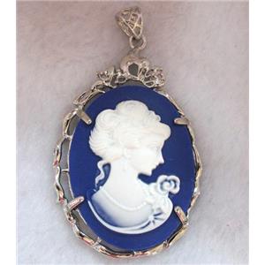 Victorian Lady Portrait Cameo resin pendant, platinum plated, approx 37x56mm [GMPD350]