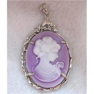 Victorian Lady Portrait Cameo resin pendant, platinum plated, approx 37x56mm [GMPD351]
