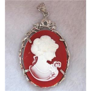 Victorian Lady Portrait Cameo resin pendant, platinum plated, approx 37x56mm [GMPD352]