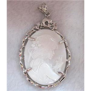 Victorian Lady Portrait Cameo, shell pearl pendant, platinum plated, approx 37x56mm [GMPD358]