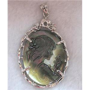 Victorian Lady Portrait Cameo, black shell pendant, platinum plated, approx 37x56mm [GMPD359]