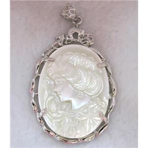 Victorian Lady Portrait Cameo, shell pearl pendant, platinum plated, approx 37x56mm [GMPD360]