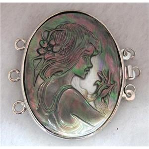 Victorian Lady Portrait Cameo, black shell connector for necklace, bracelet, platinum plated, approx 33x42mm [GMPD361]