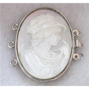 Victorian Lady Portrait Cameo, shell connector for necklace, bracelet, platinum plated, approx 33x42mm [GMPD362]