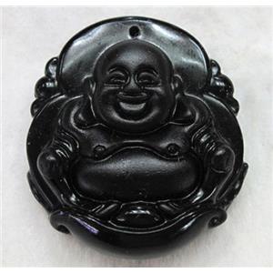 Natural Black Obsidian Buddha Pendant, approx 40x43mm [GMPD589]