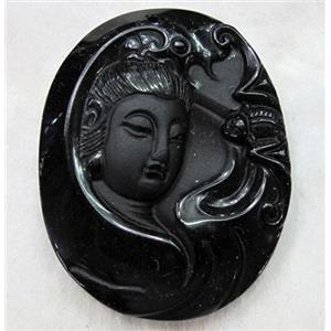 Natural Black Obsidian Buddha Pendant, approx 35x45mm [GMPD590]