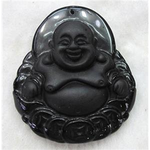 Natural Black Obsidian Buddha Pendant, approx 40x45mm [GMPD596]