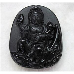 Natural Black Obsidian Buddha Pendant, approx 35x43mm [GMPD603]